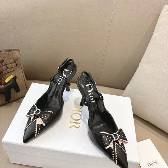 DIOR 26S SLINGBACK KITTEN HEEL PUMPS 85MM IN BLACK CALFSKIN STUDDED BOW STRAP