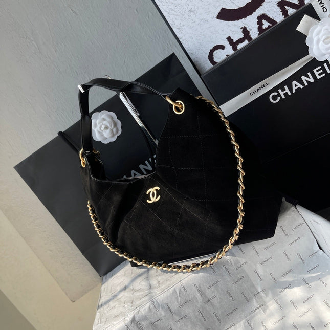 CHANEL 25S HOBO BAG 33 IN BLACK SUEDE GOLD HARDWARE