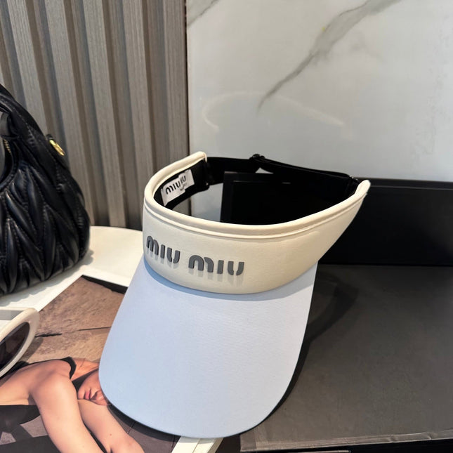 MIUMIU SPORT VISOR CAP IN PASTEL BLUE MIX WHITE FABRIC