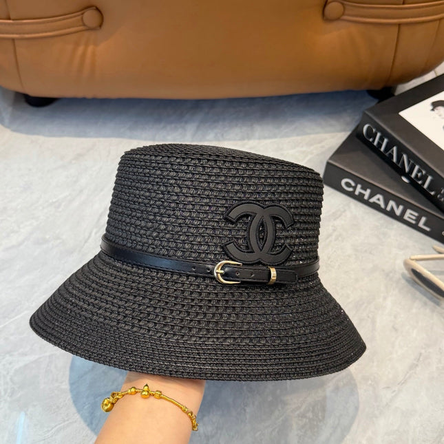 CHANEL 26S FLAT-BRIM STRAW HAT WITH RAISED CC LOGO 338106