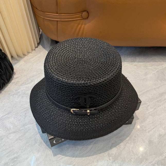 CHANEL 26S FLAT-BRIM STRAW HAT WITH RAISED CC LOGO 338106