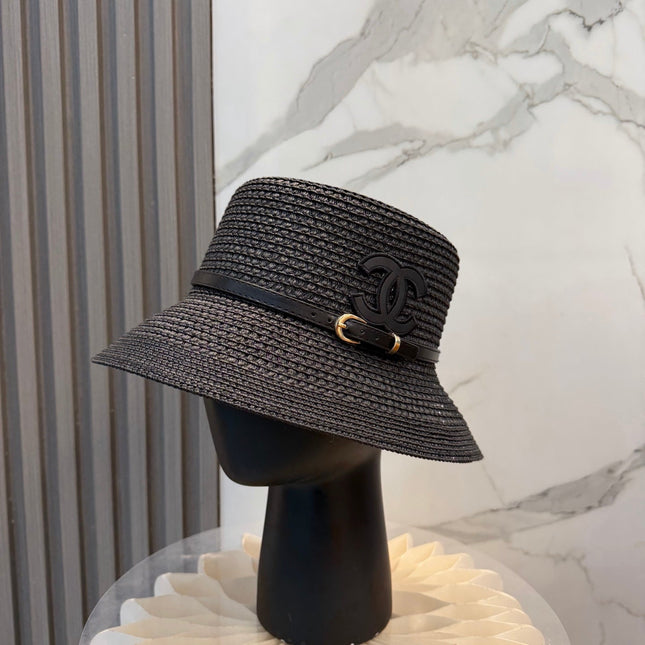 CHANEL 26S FLAT-BRIM STRAW HAT WITH RAISED CC LOGO 338106