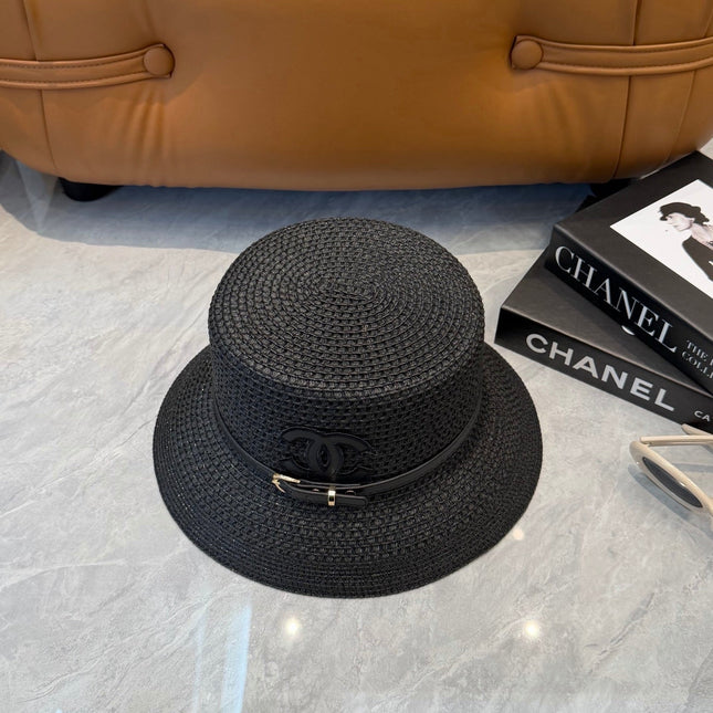 CHANEL 26S FLAT-BRIM STRAW HAT WITH RAISED CC LOGO 338106