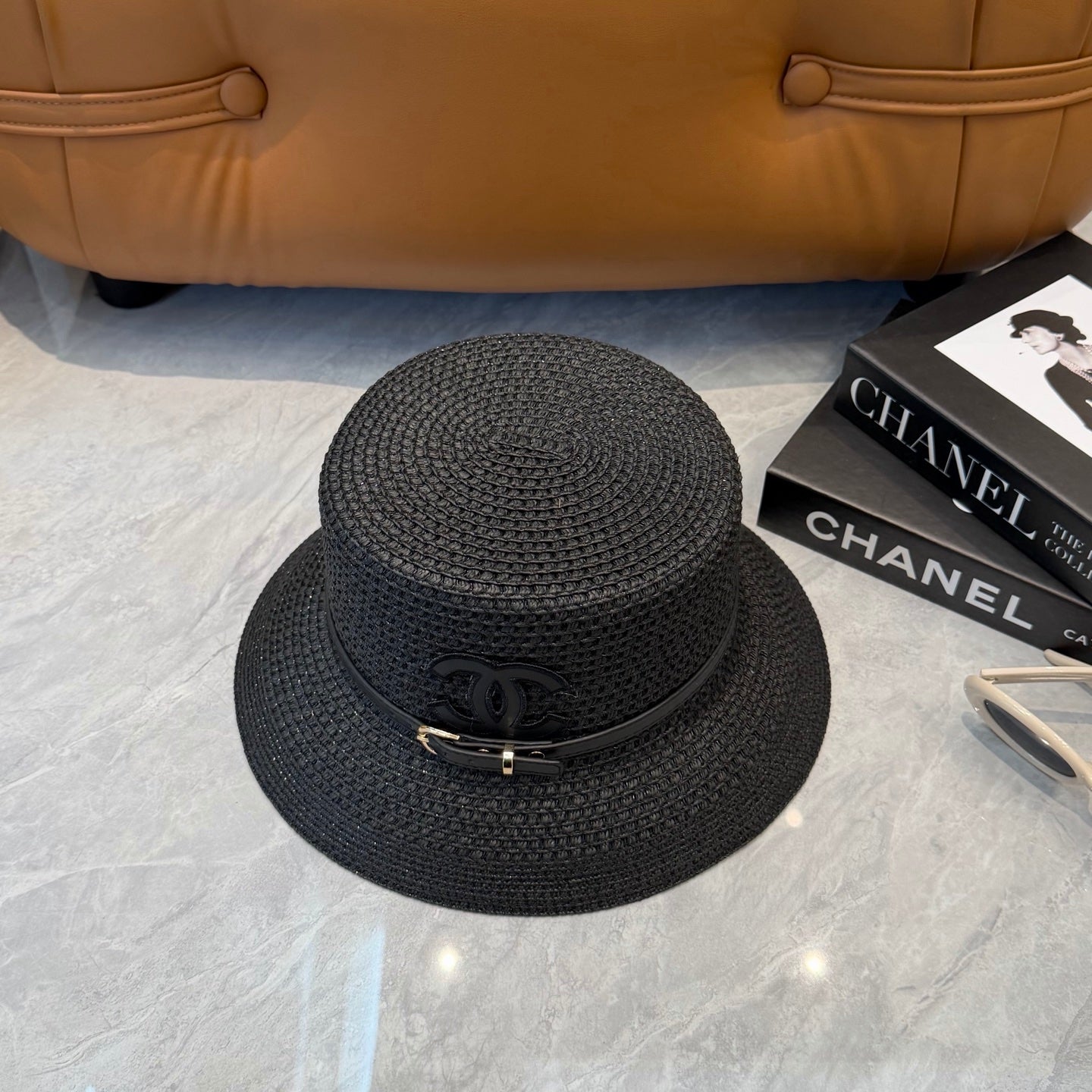 CHANEL 26S FLAT-BRIM STRAW HAT WITH RAISED CC LOGO 338106