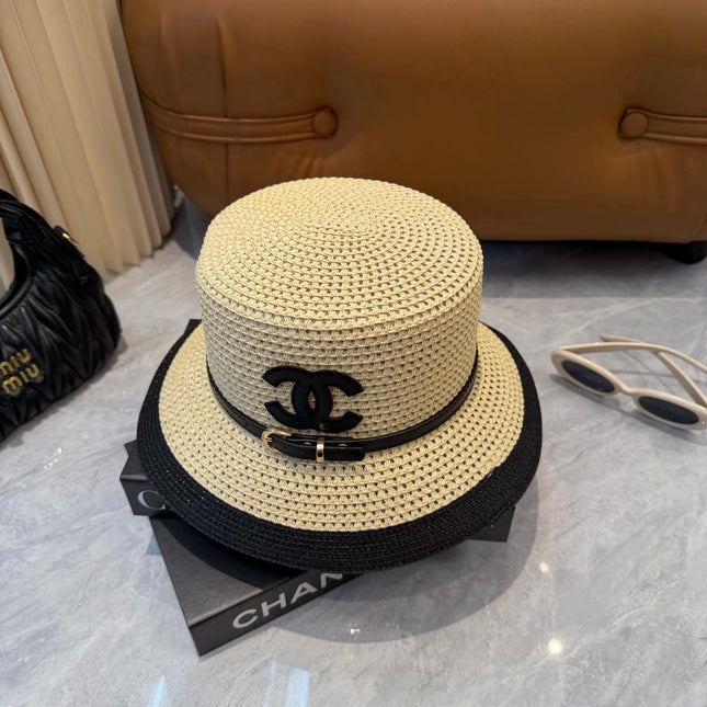 CHANEL 26S FLAT-BRIM STRAW HAT WITH RAISED CC LOGO 338107