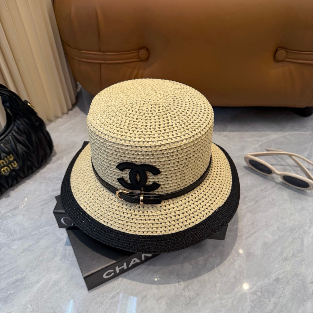 CHANEL 26S FLAT-BRIM STRAW HAT WITH RAISED CC LOGO 338107