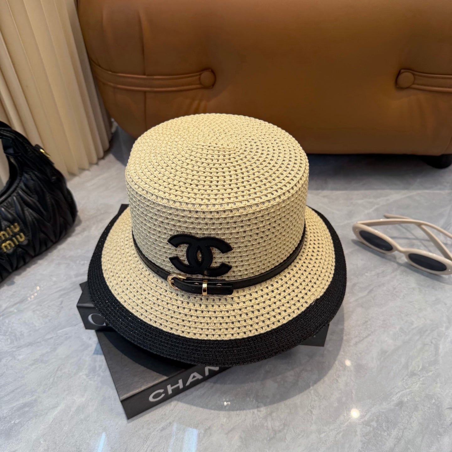 CHANEL 26S FLAT-BRIM STRAW HAT WITH RAISED CC LOGO 338107