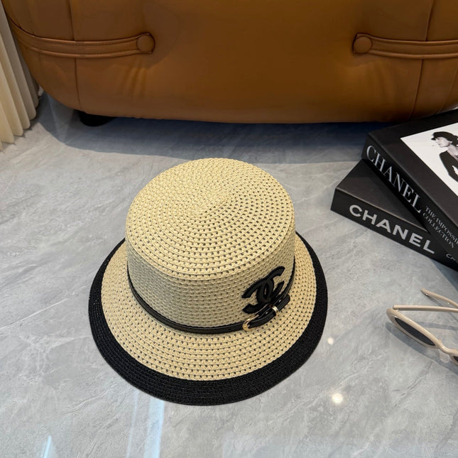 CHANEL 26S FLAT-BRIM STRAW HAT WITH RAISED CC LOGO 338107
