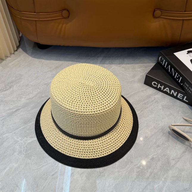 CHANEL 26S FLAT-BRIM STRAW HAT WITH RAISED CC LOGO 338107