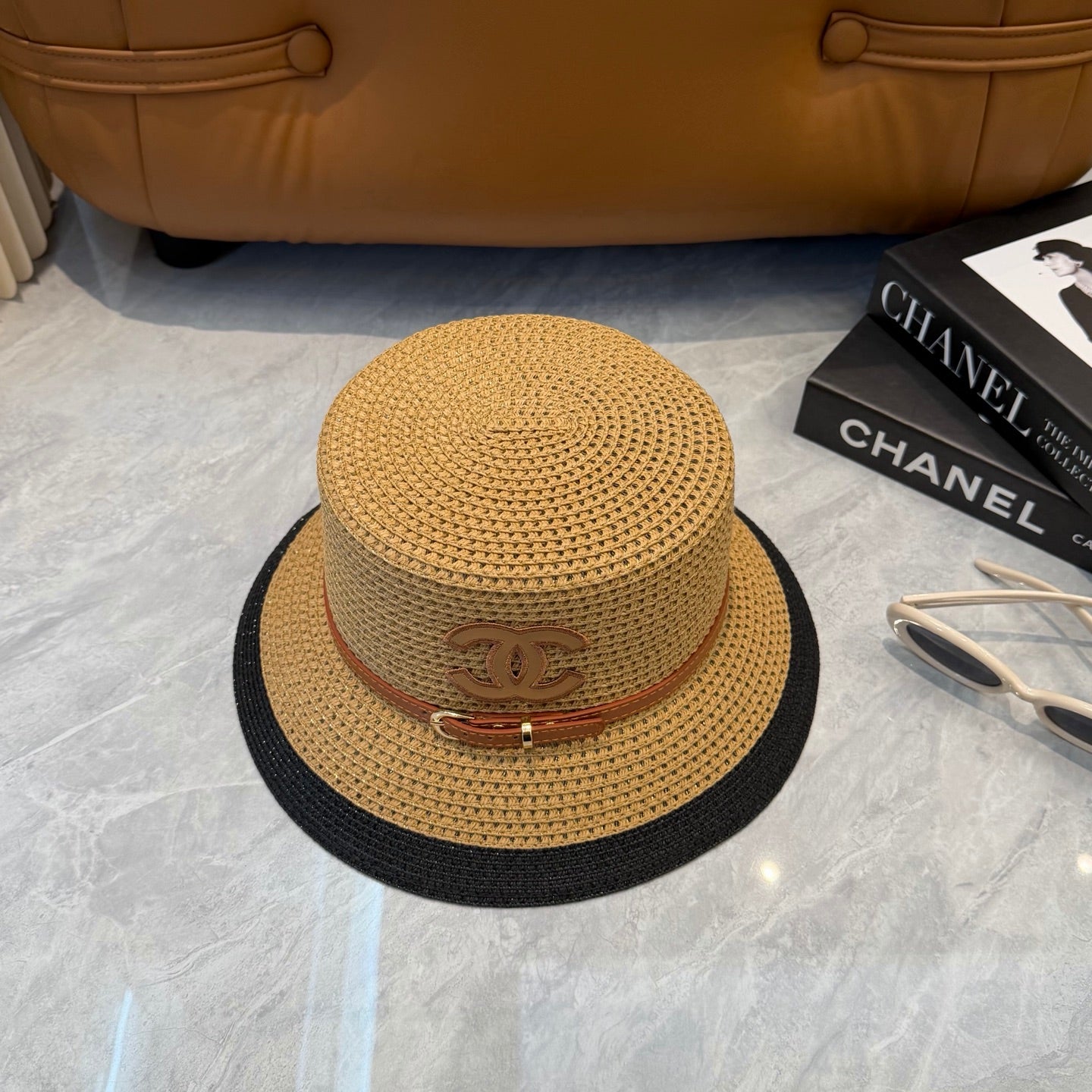 CHANEL 26S FLAT-BRIM STRAW HAT WITH RAISED CC LOGO 338108