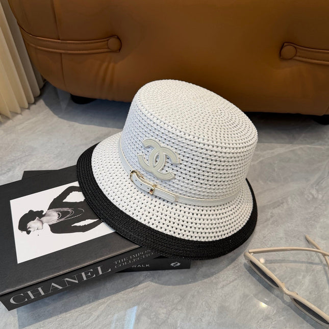 CHANEL 26S FLAT-BRIM STRAW HAT WITH RAISED CC LOGO 338109