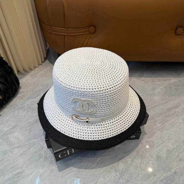 CHANEL 26S FLAT-BRIM STRAW HAT WITH RAISED CC LOGO 338109