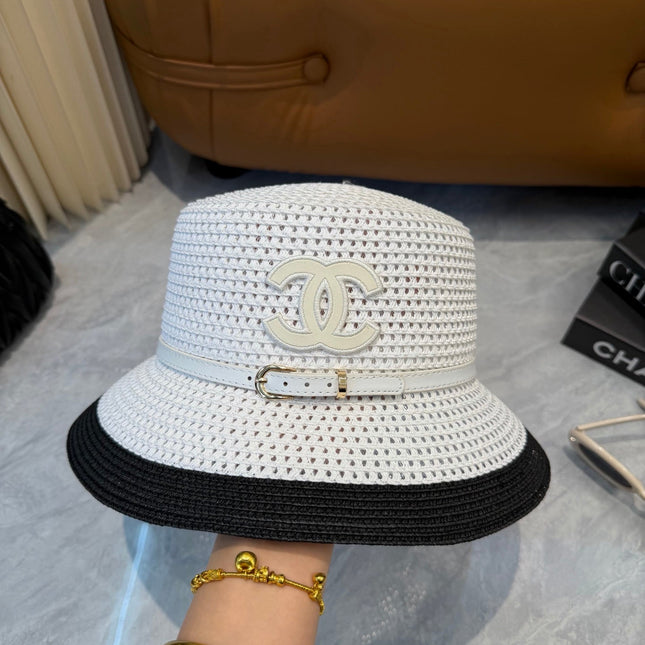 CHANEL 26S FLAT-BRIM STRAW HAT WITH RAISED CC LOGO 338109