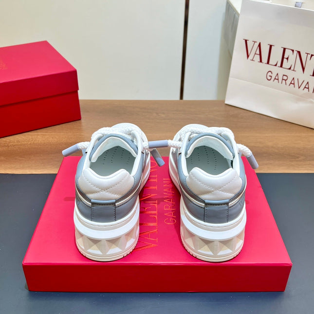 VALENTINO 25S GARAVANI ONE STUD XL PLATFORM SNEAKERS IN WHITE MIX MISTY BLUE LAMBSKIN