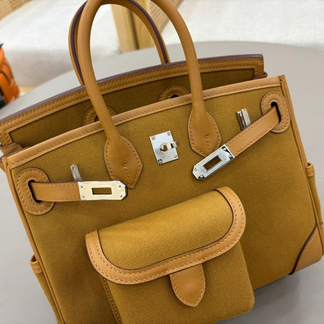 HM 25S BIRKIN CARGO 25 CM IN CARAMEL BROWN CANVAS AND SWIFT WITH SILVER HARDWARE