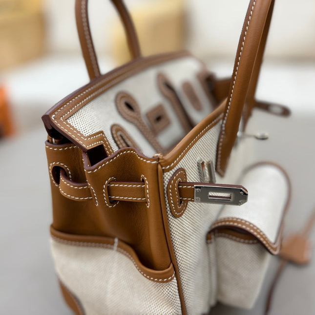 HM 25S BIRKIN CARGO 25 CM IN OFF-WHITE CANVAS AND BROWN SWIFT WITH SILVER HARDWARE