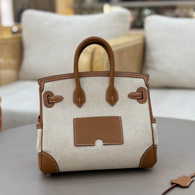 HM 25S BIRKIN CARGO 25 CM IN OFF-WHITE CANVAS AND BROWN SWIFT WITH SILVER HARDWARE