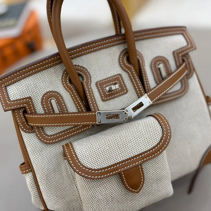 HM 25S BIRKIN CARGO 25 CM IN OFF-WHITE CANVAS AND BROWN SWIFT WITH SILVER HARDWARE
