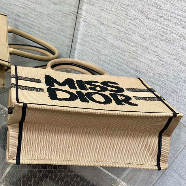 BOOK TOTE 36 BEIGE AND BLACK MISS DIOR GRAFFITI EMBROIDERY