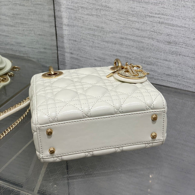DIOR 25S MINI LADY DIOR BAG 17 IN IVORY CALFSKIN CHARM CRYSTAL EMBELLISHMENTS