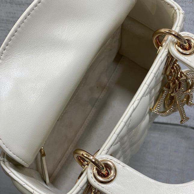 DIOR 25S MINI LADY DIOR BAG 17 IN IVORY CALFSKIN CHARM CRYSTAL EMBELLISHMENTS