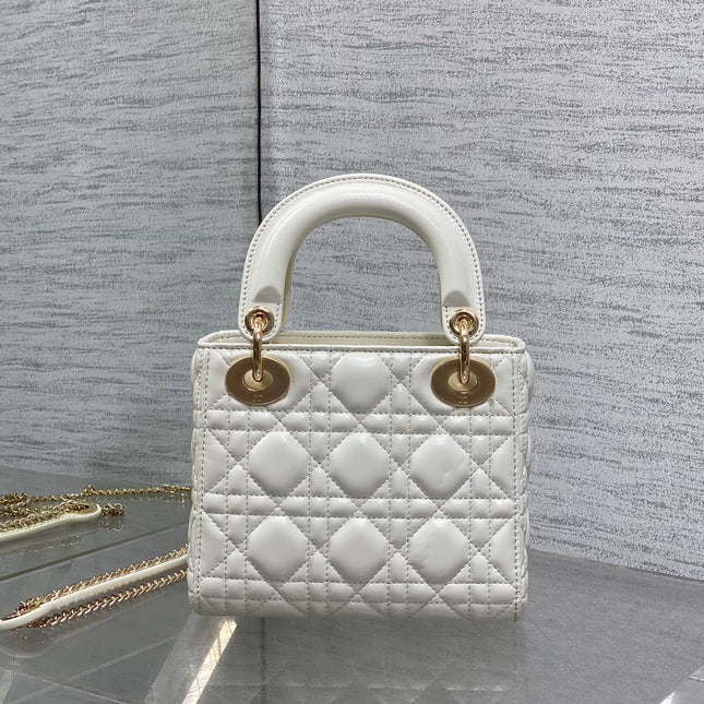 DIOR 25S MINI LADY DIOR BAG 17 IN IVORY CALFSKIN CHARM CRYSTAL EMBELLISHMENTS