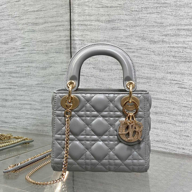 DIOR 25S MINI LADY DIOR BAG 17 IN DARK GRAY CALFSKIN CHARM CRYSTAL EMBELLISHMENTS