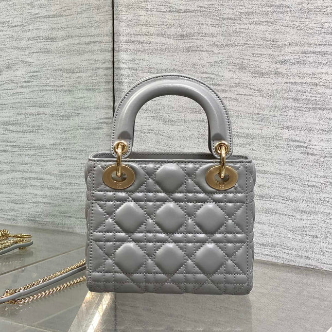 DIOR 25S MINI LADY DIOR BAG 17 IN DARK GRAY CALFSKIN CHARM CRYSTAL EMBELLISHMENTS