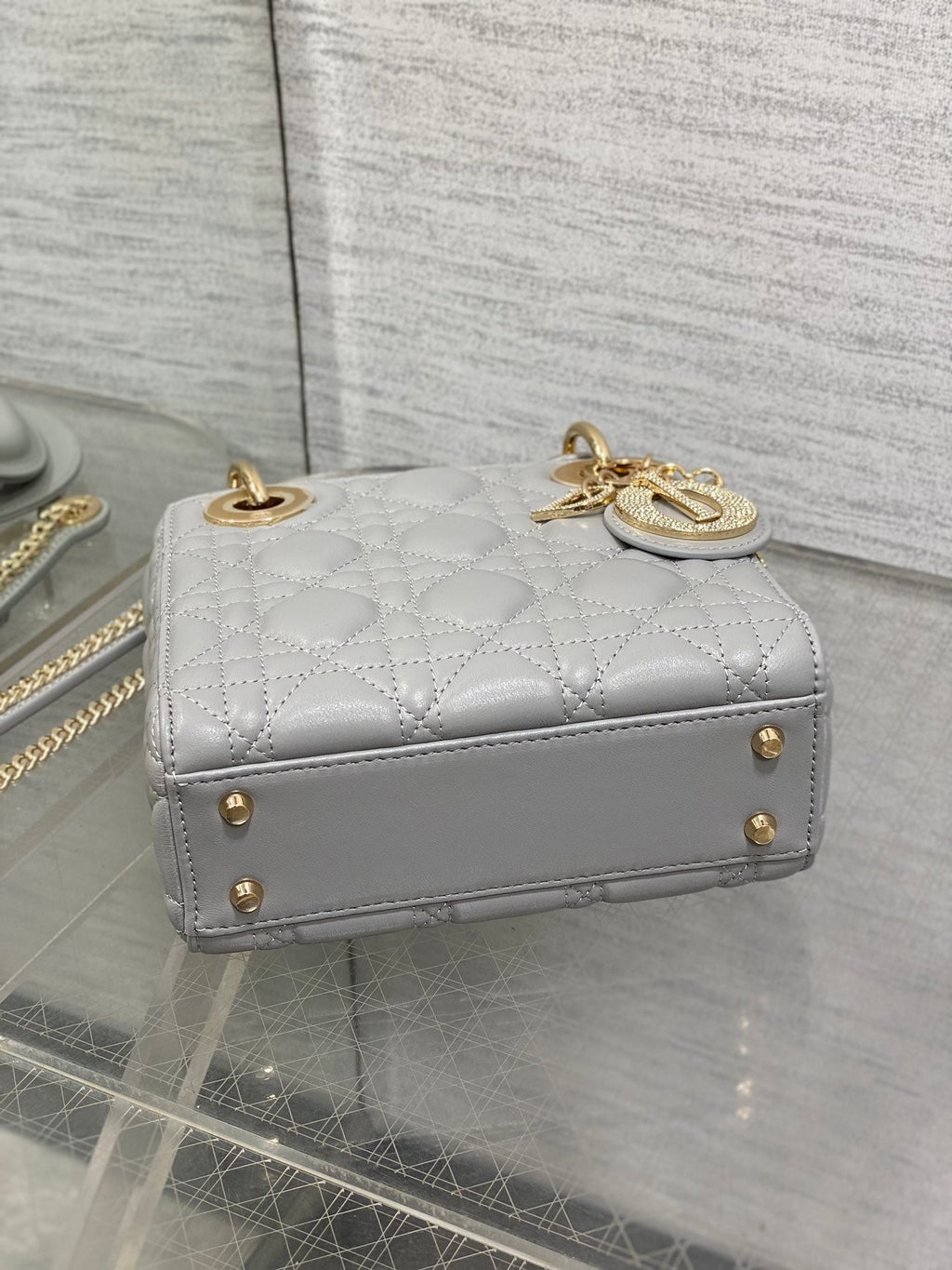 DIOR 25S MINI LADY DIOR BAG 17 IN DARK GRAY CALFSKIN CHARM CRYSTAL EMBELLISHMENTS