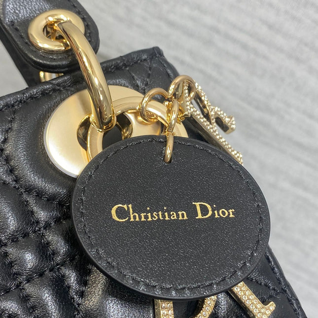 DIOR 25S MINI LADY DIOR BAG 17 IN BLACK CALFSKIN CHARM CRYSTAL EMBELLISHMENTS