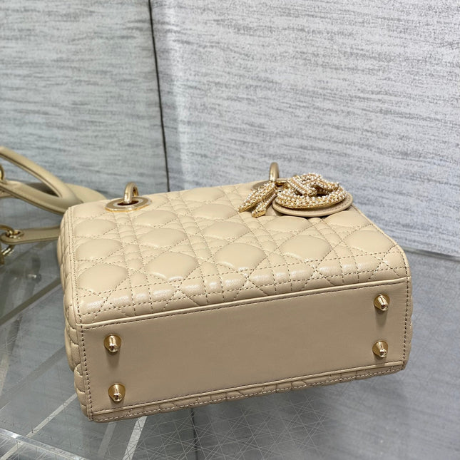 DIOR 25S LADY DIOR BAG 20 IN SAND BEIGE CALFSKIN CHARM PEARL EMBELLISHMENTS
