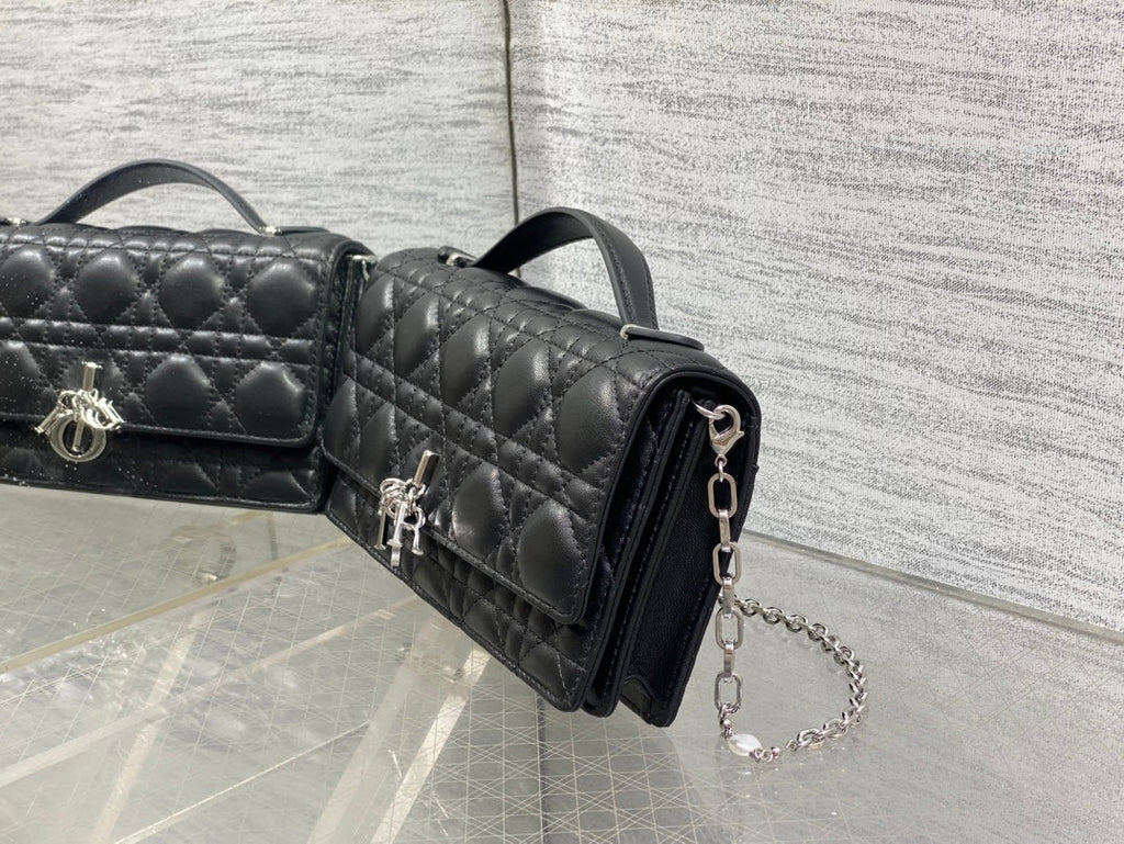 DIOR 25S DIOR TALK PHONE POUCH 21 IN BLACK CANNAGE LAMBSKIN SILVER HARDWARE