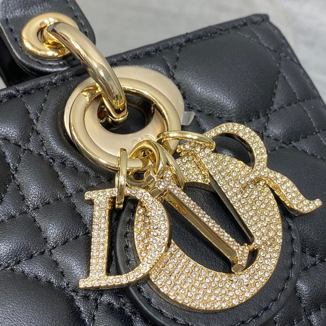 DIOR 25S SMALL LADY D‑JOY BAG 22 IN BLACK CALFSKIN GOLD HARDWARE