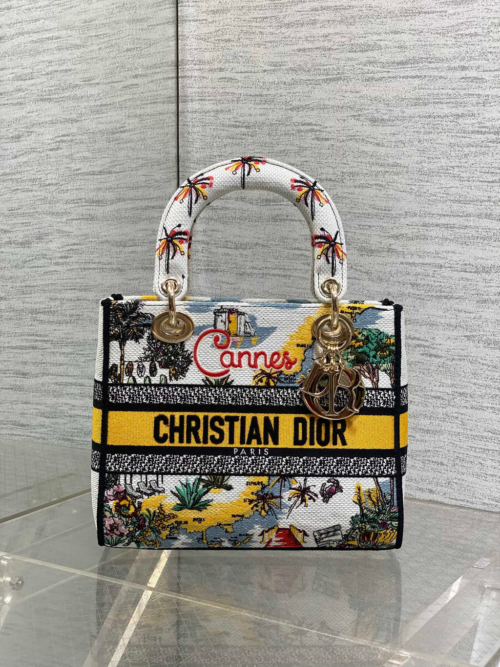 DIOR 25S SMALL LADY D-LITE BAG 24 IN YELLOW CANVAS DIOR CANNES