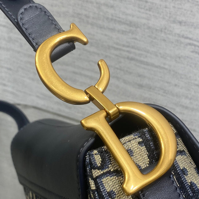 DIOR 25S MINI SOFT SADDLE BAG 19 IN BLUE DIOR OBLIQUE JACQUARD AND SMOOTH CALFSKIN