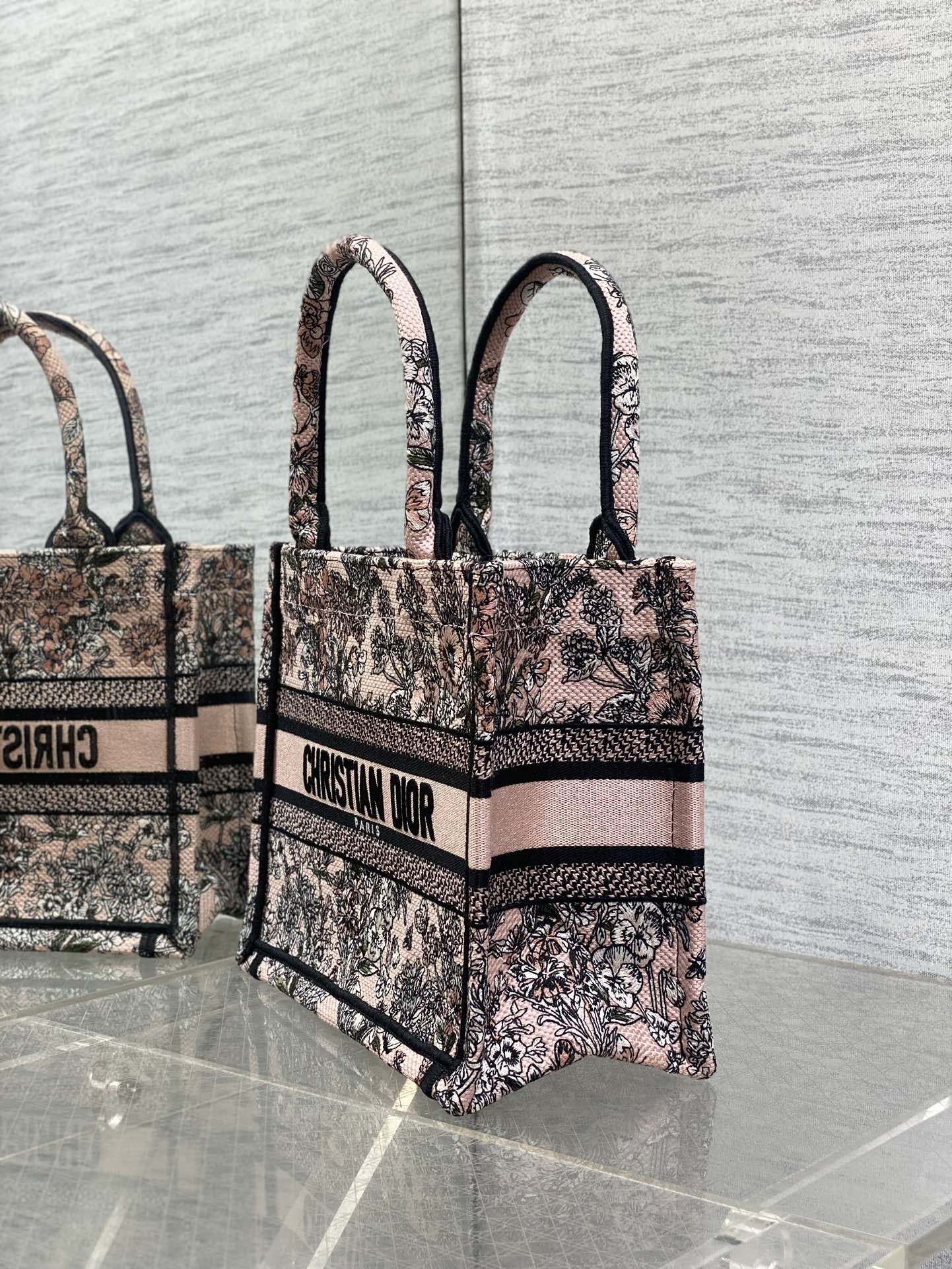 DIOR 25S LUCKY SMALL DIOR BOOK TOTE 26 IN PINK MULTICOLOR DIOR FLOWERS CALENDAR ALLOVER EMBROIDERY