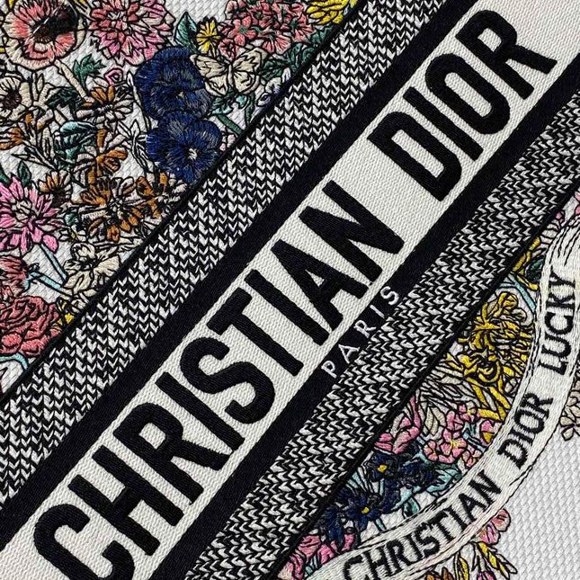 DIOR 25S LUCKY MEDIUM DIOR BOOK TOTE 36 IN WHITE MULTICOLOR DIOR STAR EMBROIDERY