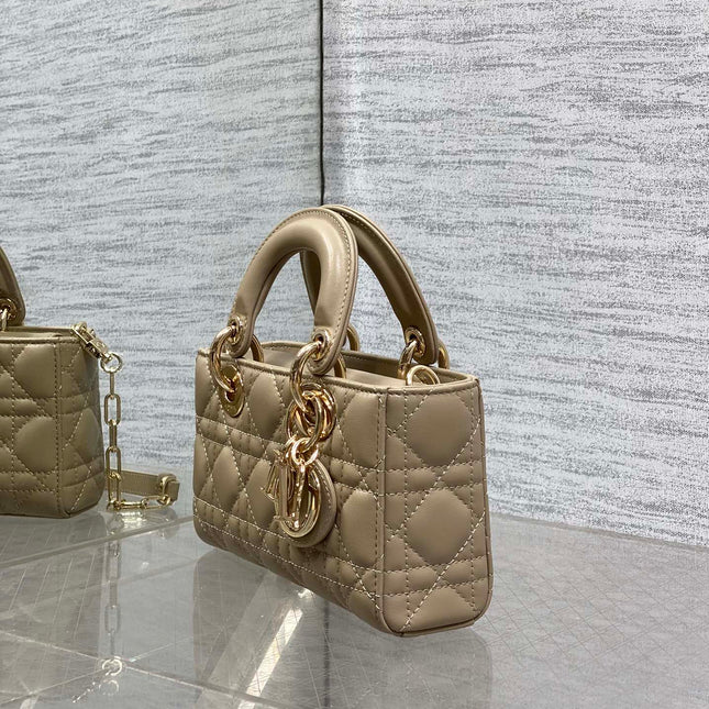 DIOR 25S SMALL LADY D‑JOY BAG 19 IN DARK BEIGE CANNAGE CALFSKIN GOLD HARDWARE