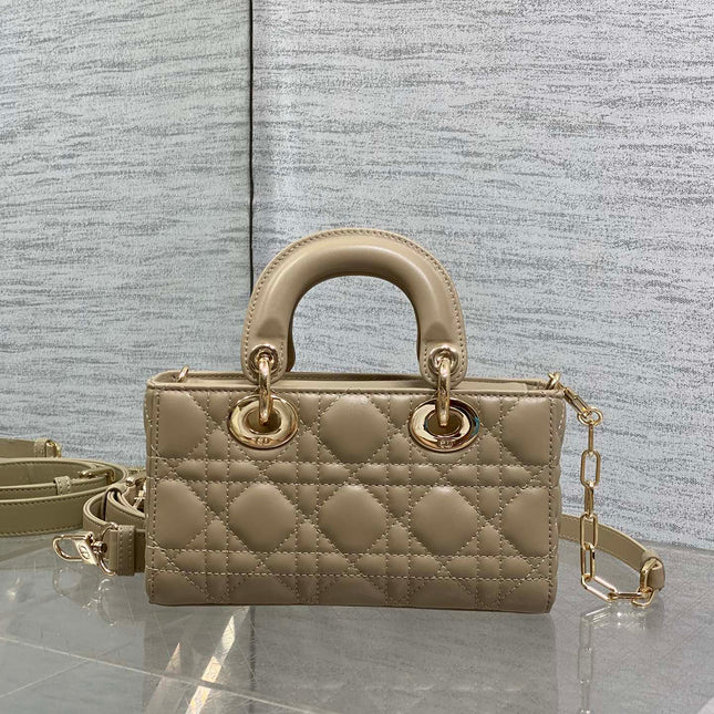 DIOR 25S SMALL LADY D‑JOY BAG 19 IN DARK BEIGE CANNAGE CALFSKIN GOLD HARDWARE