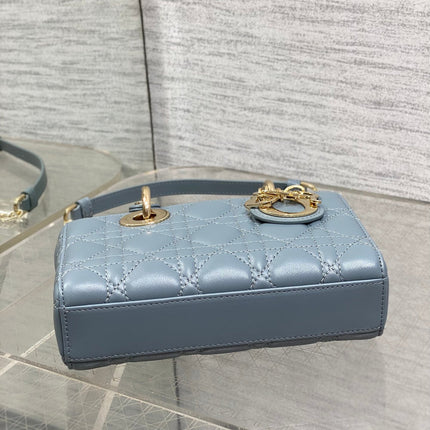 DIOR 25S SMALL LADY D‑JOY BAG 19 IN STEEL BLUE GRAY CANNAGE CALFSKIN GOLD HARDWARE