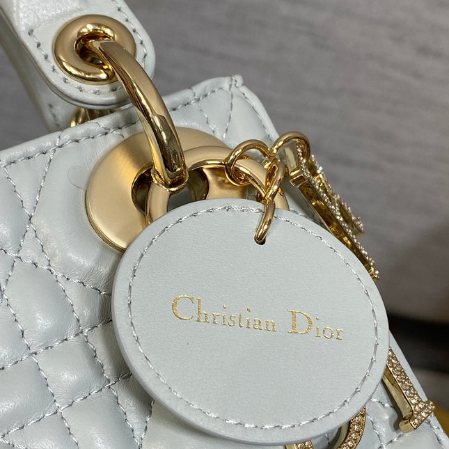 DIOR 25S MINI LADY DIOR BAG 17 IN LIGHT BLUE CALFSKIN CHARM CRYSTAL EMBELLISHMENTS