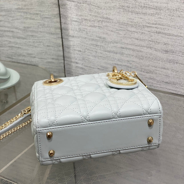 DIOR 25S MINI LADY DIOR BAG 17 IN LIGHT BLUE CALFSKIN CHARM CRYSTAL EMBELLISHMENTS