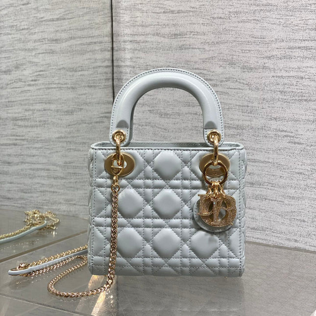 DIOR 25S MINI LADY DIOR BAG 17 IN LIGHT BLUE CALFSKIN CHARM CRYSTAL EMBELLISHMENTS