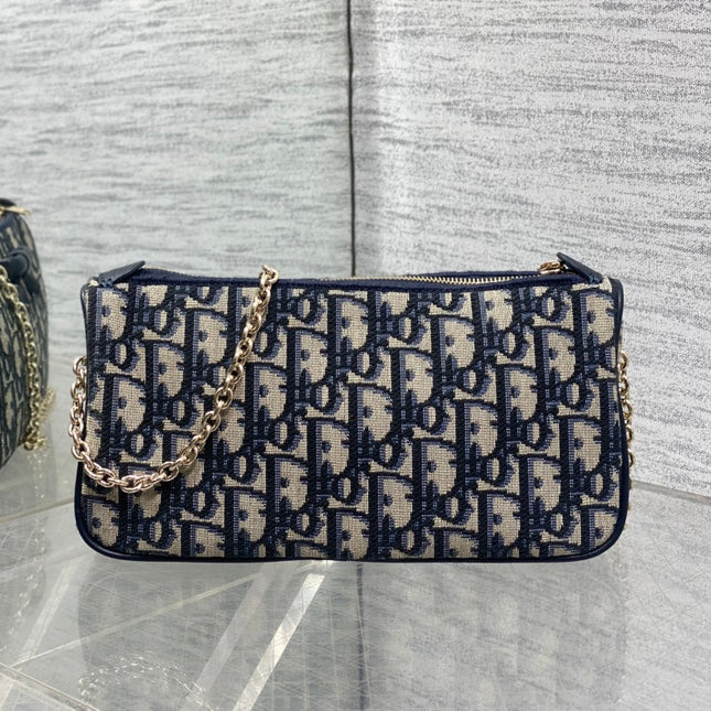 DIOR 26S PROMENADE BAG 22 IN NAVY BLUE AND BEIGE OBLIQUE JACQUARD