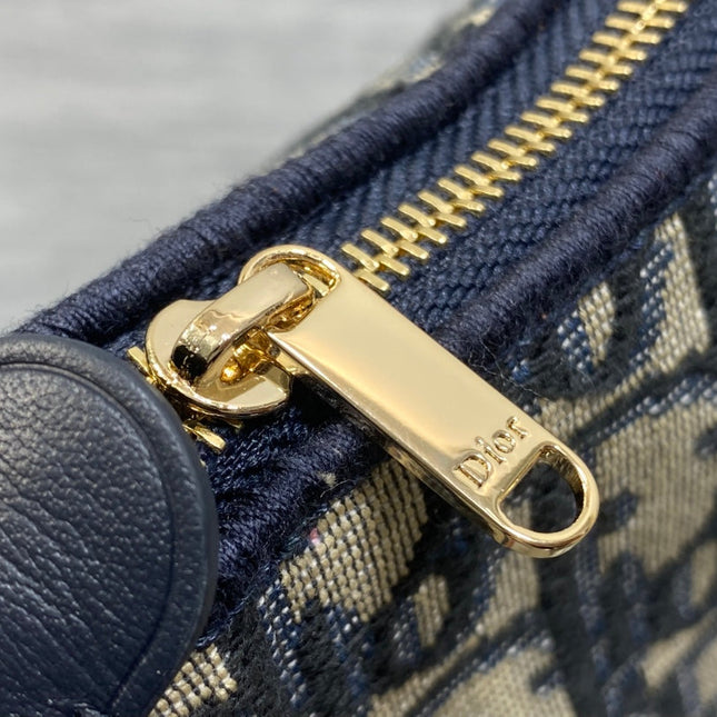 DIOR 26S PROMENADE BAG 22 IN NAVY BLUE AND BEIGE OBLIQUE JACQUARD