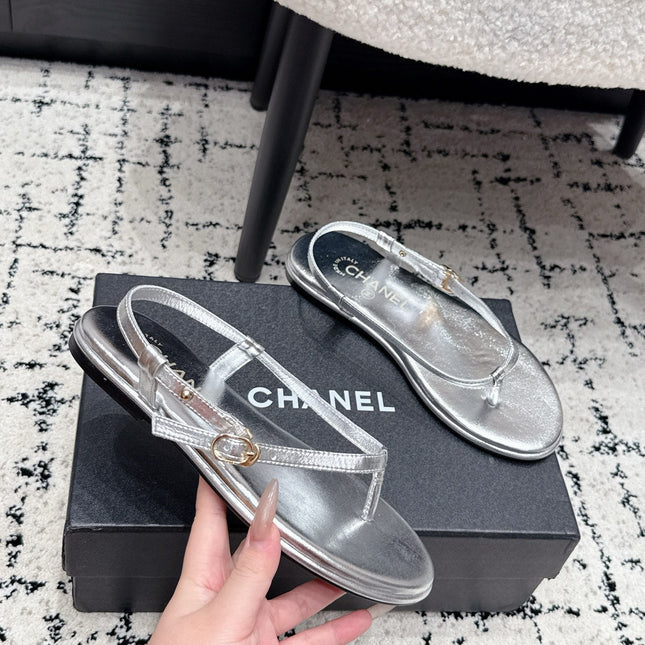 CHANEL 26S THONG SANDALS IN SILVER CALFSKIN WITH GOLD HARDWARE