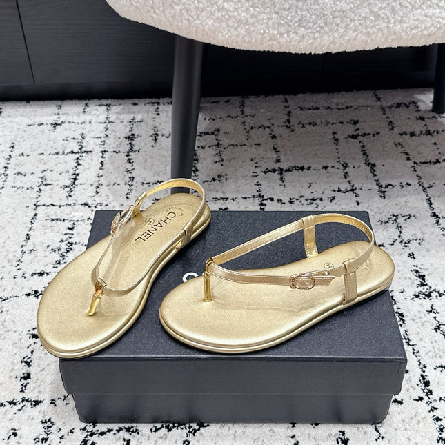 CHANEL 26S THONG SANDALS IN GOLD CALFSKIN WITH GOLD HARDWARE
