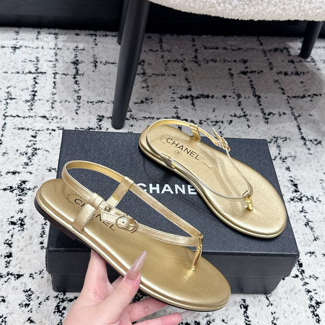 CHANEL 26S THONG SANDALS IN GOLD CALFSKIN WITH GOLD HARDWARE