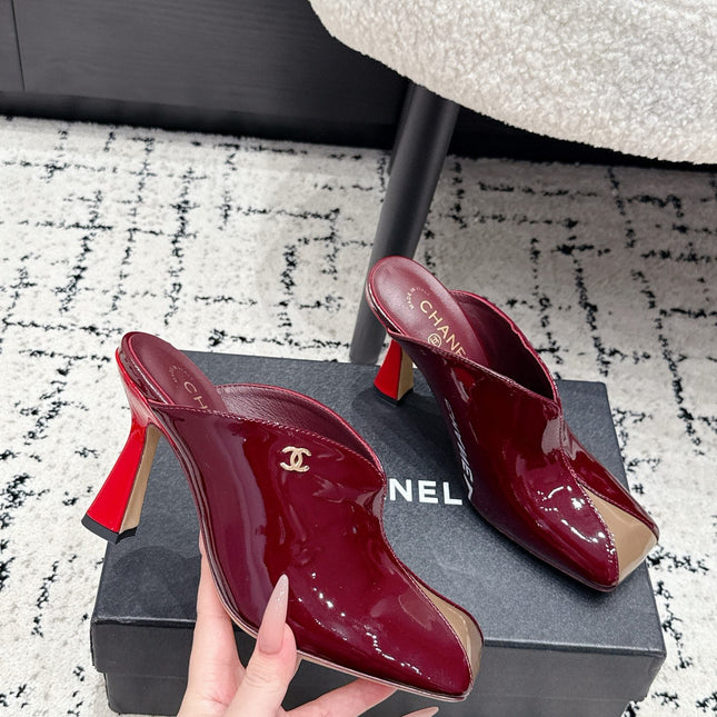 CHANEL 26S SQUARE-TOE HEELED MULES 95 MM IN MERLOT RED PATENT LAMBSKIN
