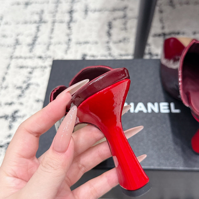 CHANEL 26S SQUARE-TOE HEELED MULES 95 MM IN MERLOT RED PATENT LAMBSKIN